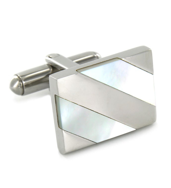 Men's Stainless Steel Polished White Mother Of Pearl Shell Inlay Cuff Links